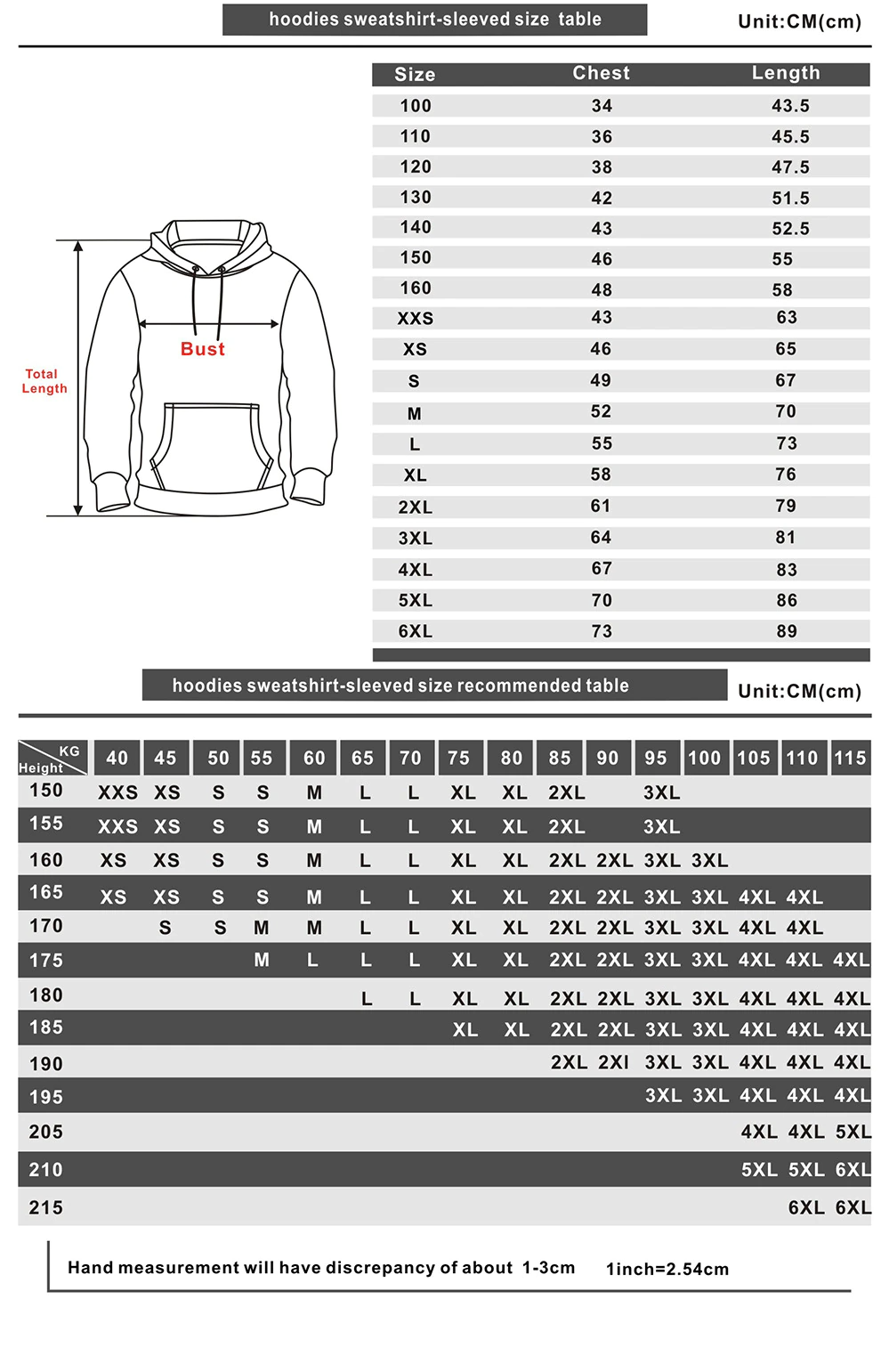 3D Hoodie Size Chart 1